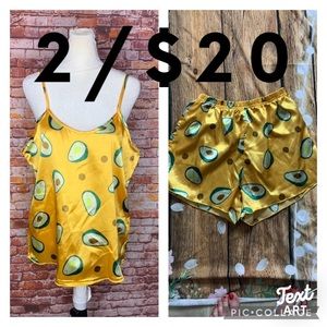 Two Piece Yellow Satin Avocado Print Shortie Pajama Set